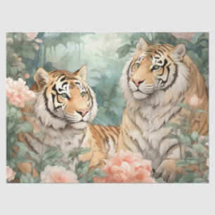 Pastel Watercolor Floral Tiger Decoupage  Tissue Paper
