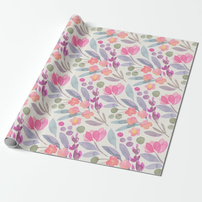 Pastel Watercolor Floral Wrapping Paper (Unrolled)