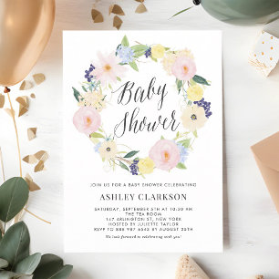 Pastel Watercolor Floral Wreath Baby Shower Invitation
