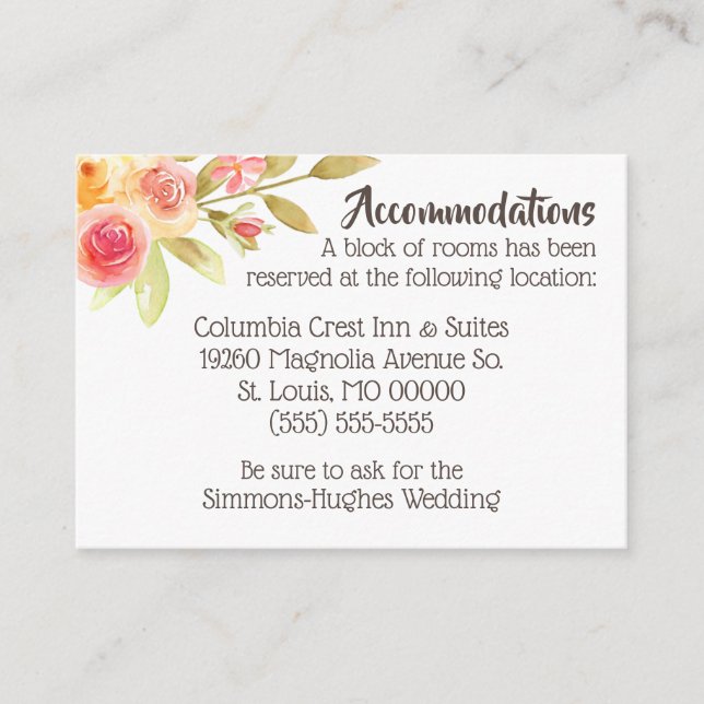 Pastel Watercolor Florals Wedding Accommodations Enclosure Card (Front)