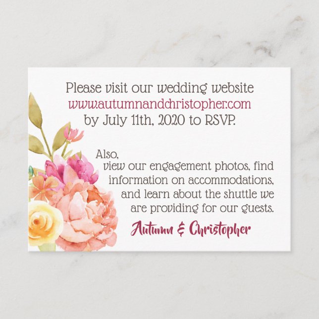 Pastel Watercolor Florals Wedding Website Enclosure Card (Front)