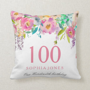 Pastel Watercolor Flowers 100th Birthday GIft Cushion