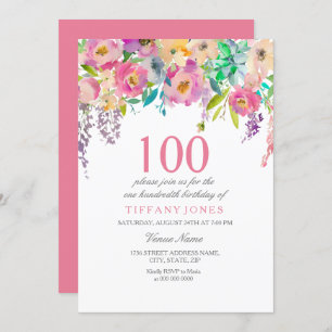 Pastel Watercolor Flowers 100th Birthday Party Invitation