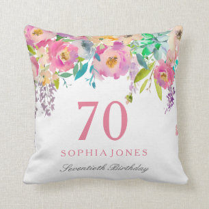 Pastel Watercolor Flowers 70th Birthday Party Gift Cushion