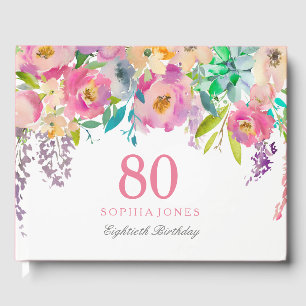 Pastel Watercolor Flowers 80th Birthday Party Guest Book