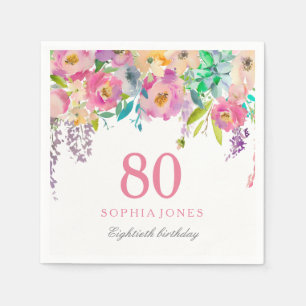 Pastel Watercolor Flowers 80th Birthday Party Napkin