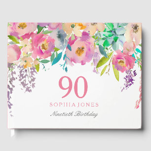 Pastel Watercolor Flowers 90th Birthday Party Guest Book