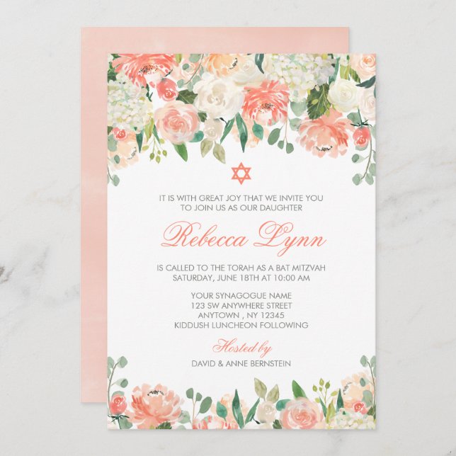 Pastel Watercolor Flowers Bat Mitzvah Invitations (Front/Back)