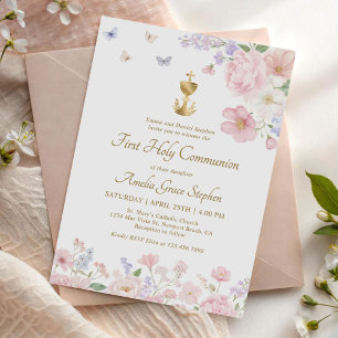 Pastel Watercolor Flowers First Communion Invitation