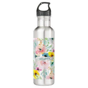 Pastel Watercolor Flowers Pink Teal Yellow 710 Ml Water Bottle