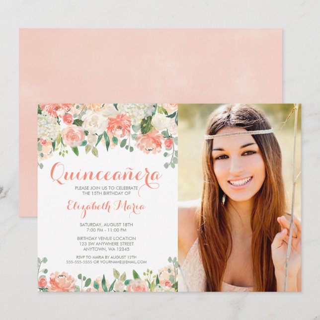 Pastel Watercolor Flowers Quinceañera Photo Invitation (Front/Back)