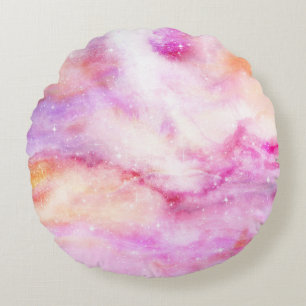 Pastel Watercolor & Galaxy Nebula Abstract Pattern Round Cushion