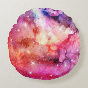 Pastel Watercolor & Galaxy Nebula Abstract Pattern Round Cushion