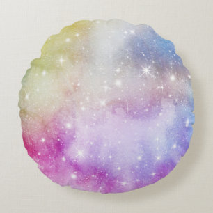 Pastel Watercolor & Galaxy Nebula Abstract Pattern Round Cushion