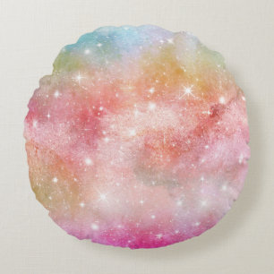 Pastel Watercolor & Galaxy Nebula Abstract Pattern Round Cushion