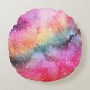Pastel Watercolor & Galaxy Nebula Abstract Pattern Round Cushion