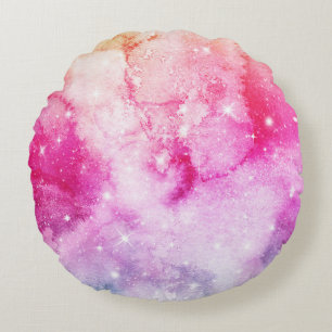 Pastel Watercolor & Galaxy Nebula Abstract Pattern Round Cushion
