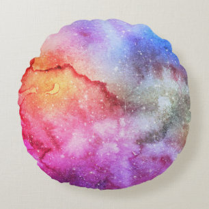 Pastel Watercolor & Galaxy Nebula Abstract Pattern Round Cushion