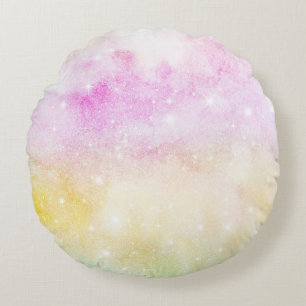 Pastel Watercolor & Galaxy Nebula Abstract Pattern Round Cushion