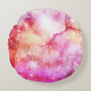 Pastel Watercolor & Galaxy Nebula Abstract Pattern Round Cushion