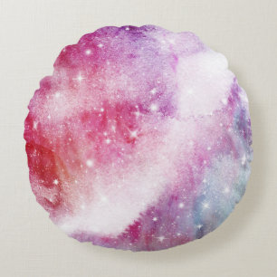 Pastel Watercolor & Galaxy Nebula Abstract Pattern Round Cushion