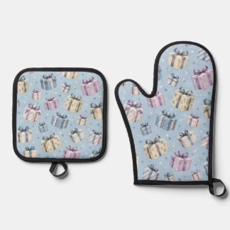 Pastel Watercolor Gift Box Pattern Oven Mitt & Pot Holder Set