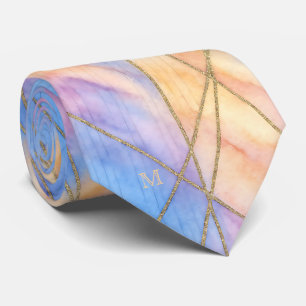 Pastel Watercolor Gold Accent Lines Silk Monogram Tie
