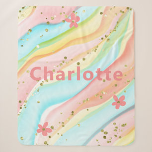 Pastel Watercolor Gold Glitter Floral Name Sherpa Blanket