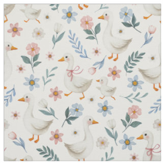 Pastel Watercolor Goose and Florals on white Fabric
