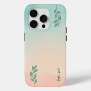 Pastel Watercolor Gradient with Green Leaves iPhone 15 Pro Case