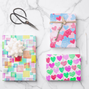 Pastel Watercolor Hearts Colourful Elegant Modern Wrapping Paper Sheet