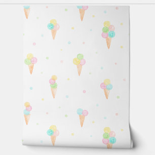 Pastel Watercolor Icecream cones and dots white Wallpaper