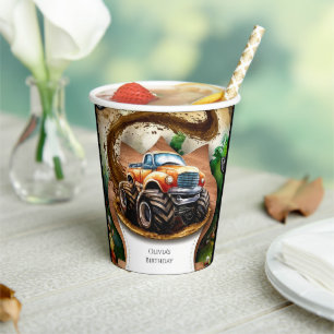 Pastel Watercolor Kids' Monster Truck Birthday Paper Cups