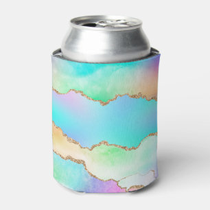 Pastel Watercolor Marble Agate Golden Glitter Can Cooler