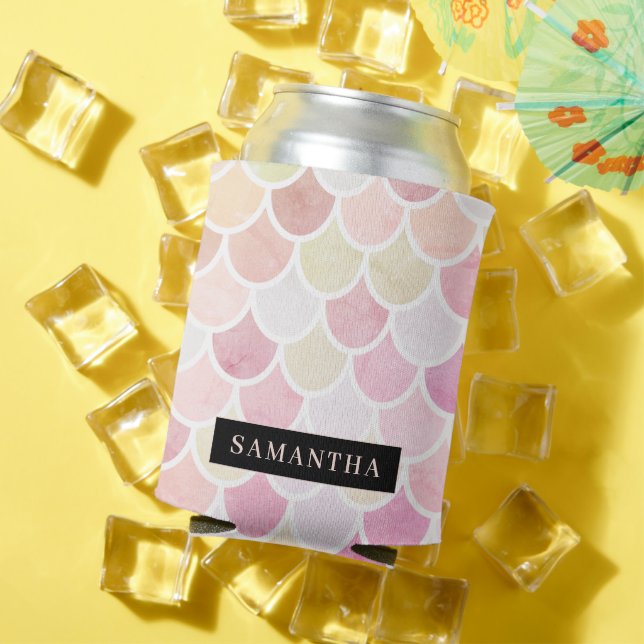 Pastel Watercolor Mermaid Scales Pattern With Name Can Cooler (In Situ Summer)