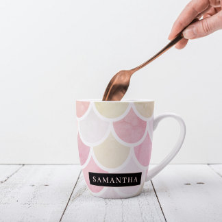 Pastel Watercolor Mermaid Scales Pattern With Name Latte Mug
