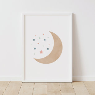 Pastel Watercolor Moon and Stars Nursery Poster