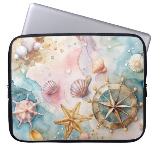 PASTEL WATERCOLOR NAUTICAL SEASHELLS & WHEEL LAPTOP SLEEVE