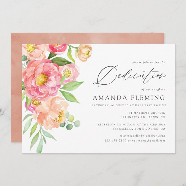 Pastel Watercolor Peonies Baptism or Christening Invitation (Front/Back)