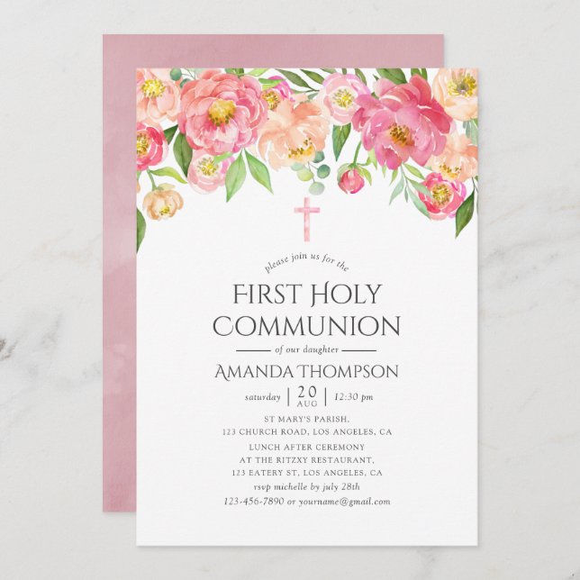 Pastel Watercolor Peonies First Holy Communion Invitation (Front/Back)