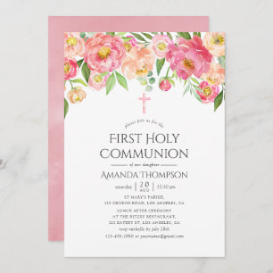 Pastel Watercolor Peonies First Holy Communion Invitation