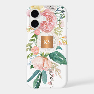 Pastel watercolor peonies metallic copper monogram