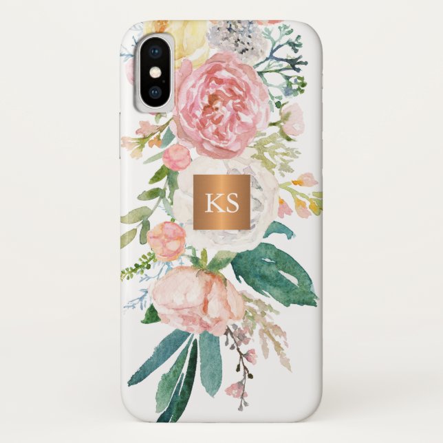 Pastel watercolor peonies metallic copper monogram Case-Mate iPhone case (Back)