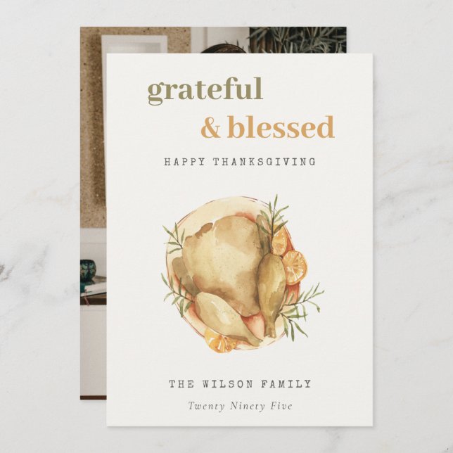 Pastel Watercolor Photo Turkey Meal Thanksgiving Holiday Card (Front/Back)