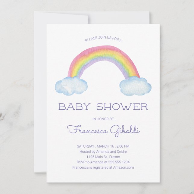 Pastel Watercolor Rainbow and Sprinkle Baby Shower Invitation (Front)