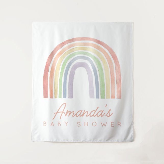 Pastel Watercolor Rainbow Baby Shower Backdrop Tapestry (Front)