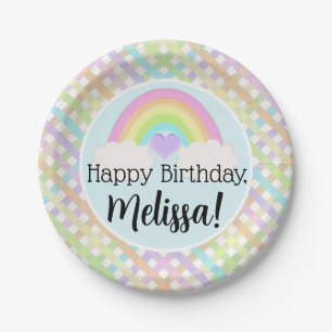 Pastel Watercolor Rainbow Gingham Happy Birthday Paper Plate
