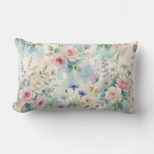 Pastel Watercolor Rose Garden Floral Lumbar Cushion