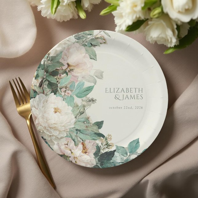 Pastel Watercolor Rose Peonies Floral Wedding Paper Plate (Creator Uploaded)