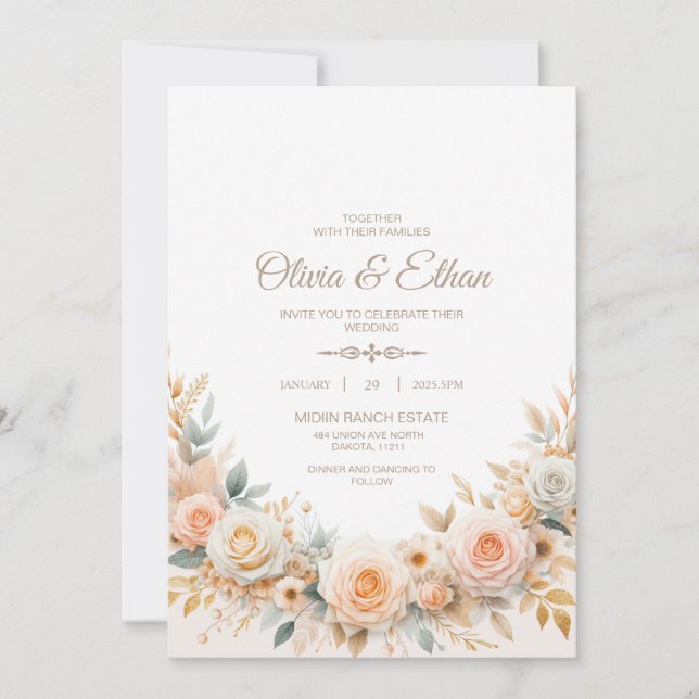 Pastel Watercolor Rose Wedding Invitation (Front)